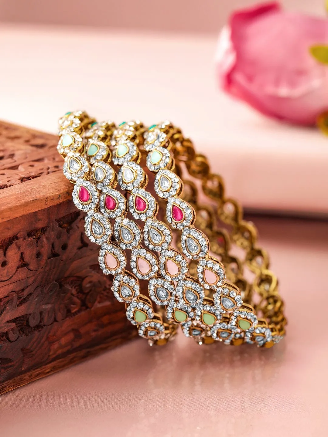 Rubans18K Mehandi Gold-Plated Multicolor Kundan and Cubic Zirconia Studed Bangles