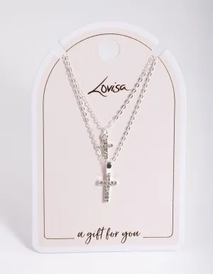 Silver Diamante Cross Layered Necklace