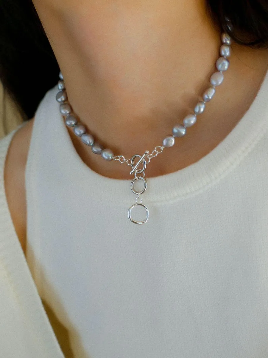 Silver Gray Freshwater Pearls Short OT Buckle Necklaces