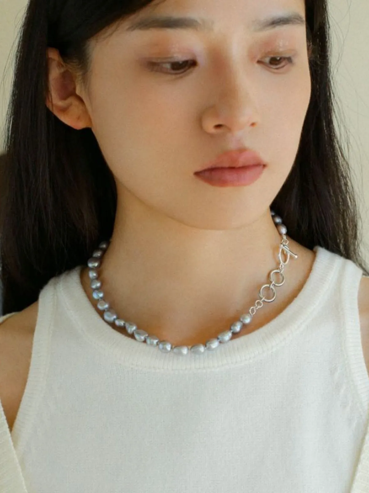 Silver Gray Freshwater Pearls Short OT Buckle Necklaces