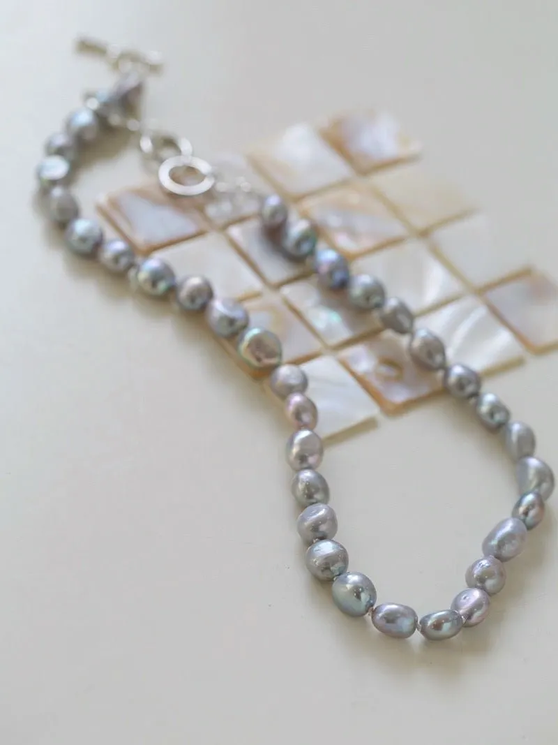 Silver Gray Freshwater Pearls Short OT Buckle Necklaces