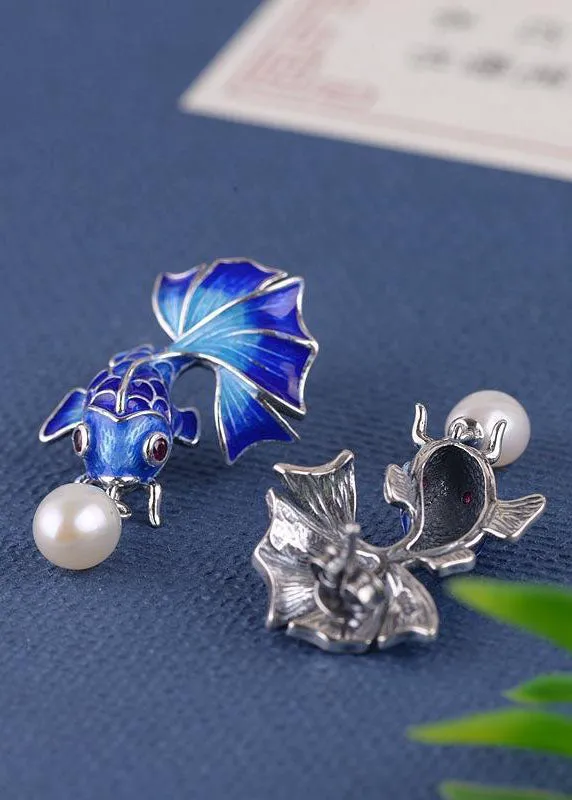 Stylish Cloisonne Goldfish Pearl Metal Stud Earrings HE1016