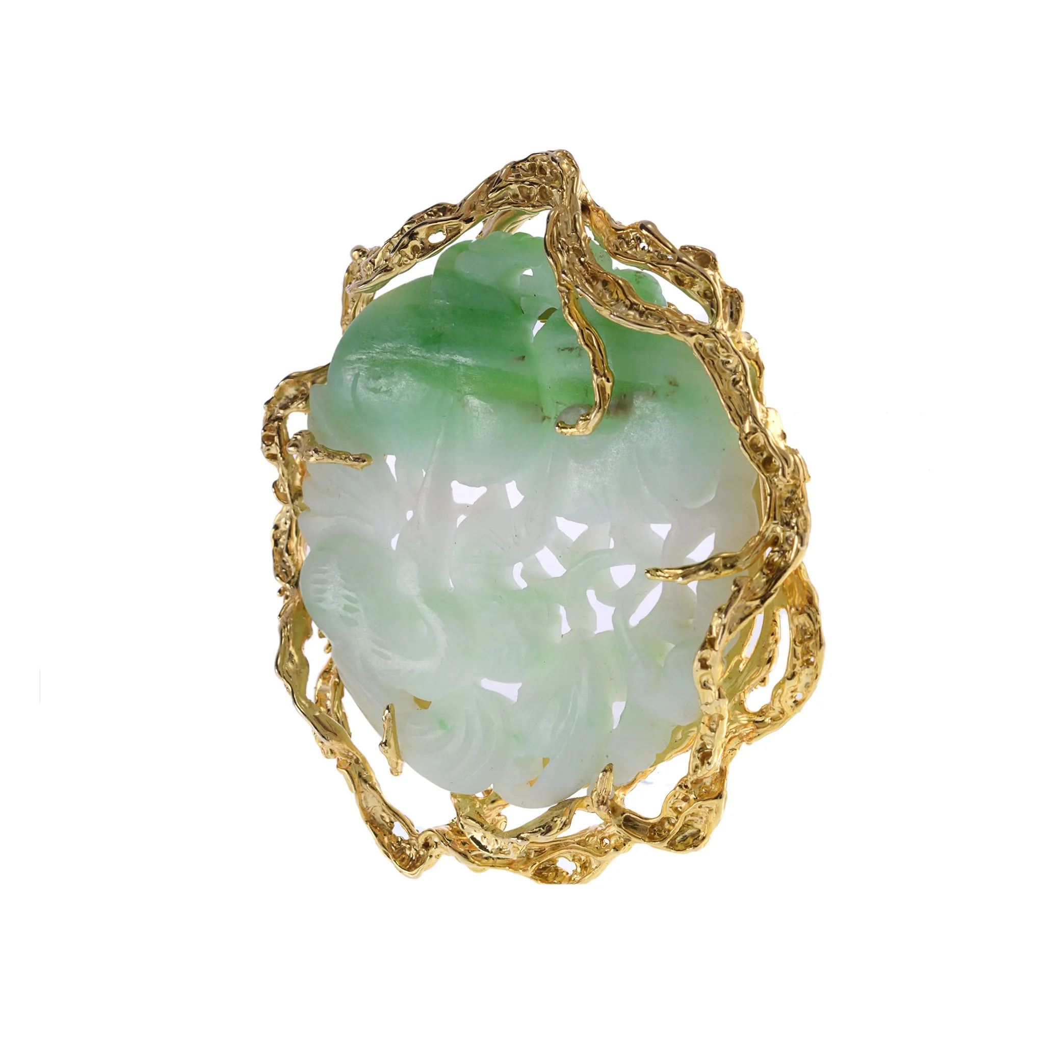 Vintage Circa 1970's 14KT Yellow Gold Genuine Large Green and White Jade Carving