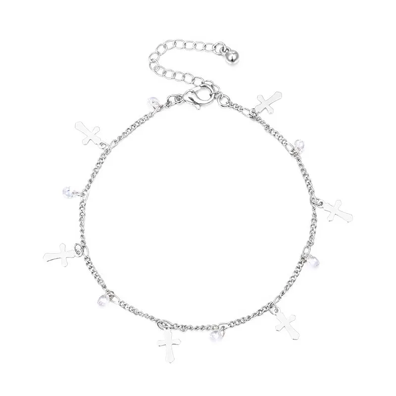 Vintage Cross white crystal bead Anklet