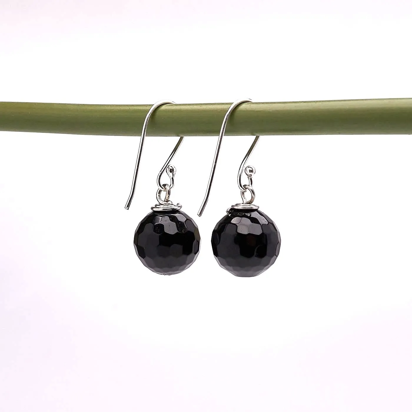 Women's Handmade Natural Black Agate Dangle Drop Earrings | 925 Sterling silver gemstone ball earrings for women and girls